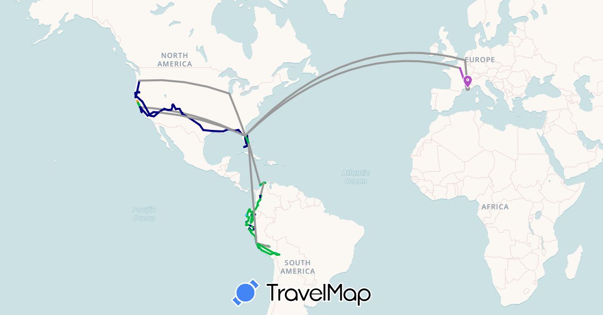 TravelMap itinerary: driving, bus, plane, train, hiking, boat, hitchhiking, motorbike in Belgium, Bolivia, Colombia, Ecuador, France, Peru, United States (Europe, North America, South America)